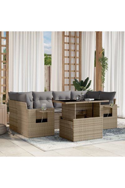 vidaxl Set canapele de gradina, 7 piese, cu perne, bej, poliratan
