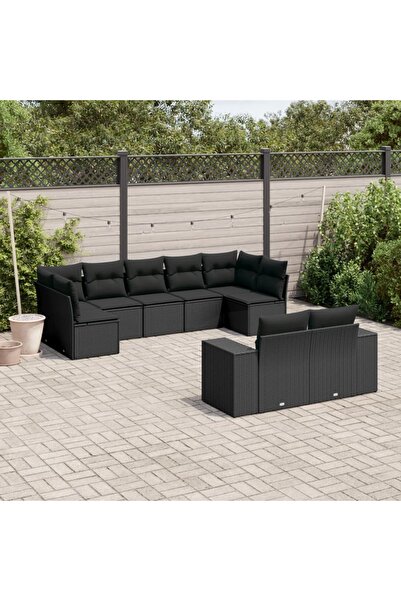 vidaxl Set mobilier de gradina cu perne, 9 piese, negru, poliratan