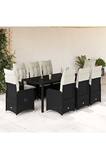 vidaxl Set bistro de gradina, 9 piese, cu perne, negru, poliratan