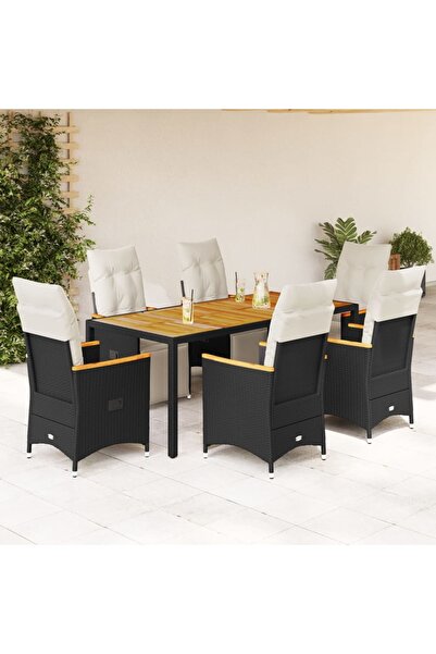 vidaxl Set bistro de gradina, 7 piese, cu perne, negru, poliratan