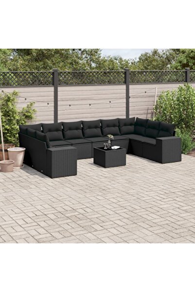 vidaxl Set canapele de gradina cu perne, 11 piese, negru, poliratan
