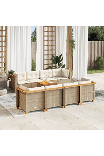 vidaxl Set canapele de gradina, 9 piese, cu perne, bej, poliratan