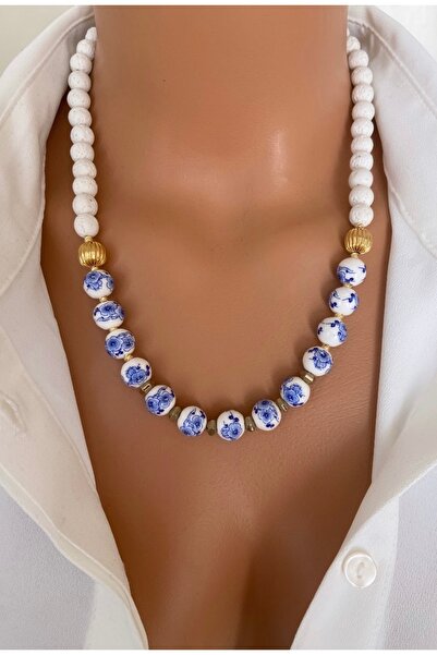 NATURAL STONE White Blue Flower Ceramic Summer Necklace