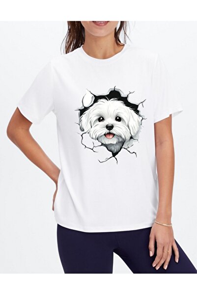 Krays Kadın Beyaz 3D Köpek Baskılı Pamuklu T-shirt - Sevimli Hayvan Figürlü T...