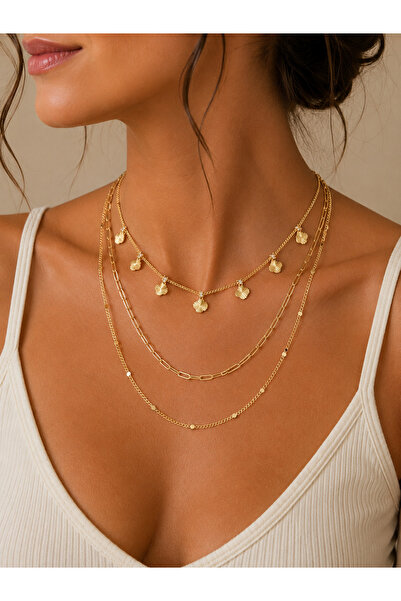 Selay Accessory Gold Çoklu Zincir Detaylı Katmanlı Kolye