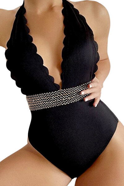 VeeShop Costum de baie intreg, elegant, margine decupata si banda cu paiete i...