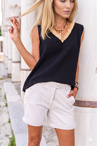 Pasaklı Giyim Women's Black V-Neck Straw Detailed Casual 100% Cotton Muslin S...