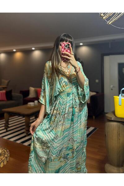 moda gk Boncuk/Nakış Detaylı Parlak Desenli Bohem İpek Elbise