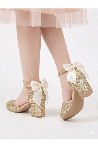 PATİK BEBE Girls' Shiny Golden Color Bow-Knot Comfortable Heels Stylish Dress Shoes