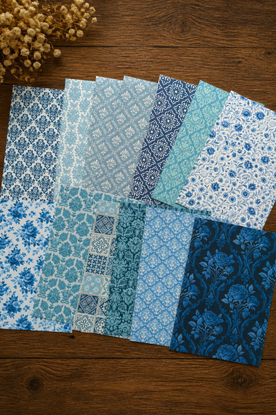 stickybloom Vintage Mavi Tonlu Desenler Temalı 12 Parça Kağıt Seti Scrapbook/...