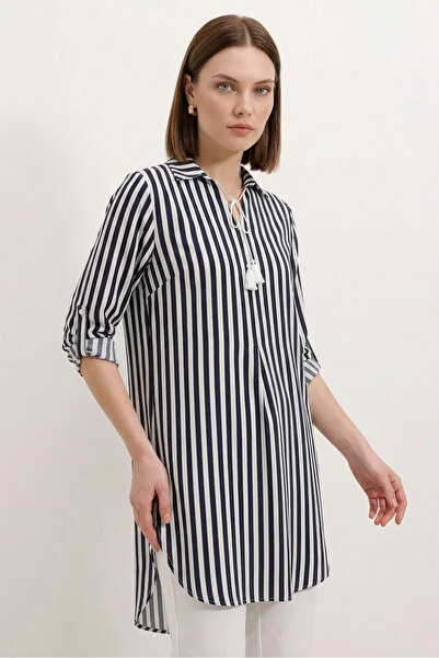 buğrahayalin Women's Lace-Up Collar Striped Viscose Navy Blue Tunic
