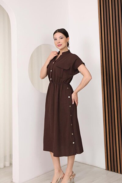 FAMODA Bitter Brown Linen Look Midi Dress with Elastic Waist and Pockets