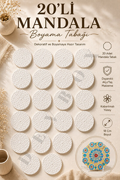 devhome 20’li Mandala Boyama Tabağı Dekoratif Alçı Taş Hobi Sanat Etkinlik Bo...