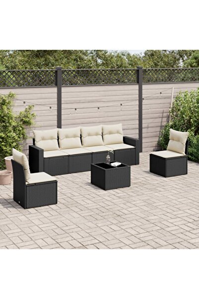 vidaxl Garden sofa set with cushions, 7 pieces, black, polyrattan