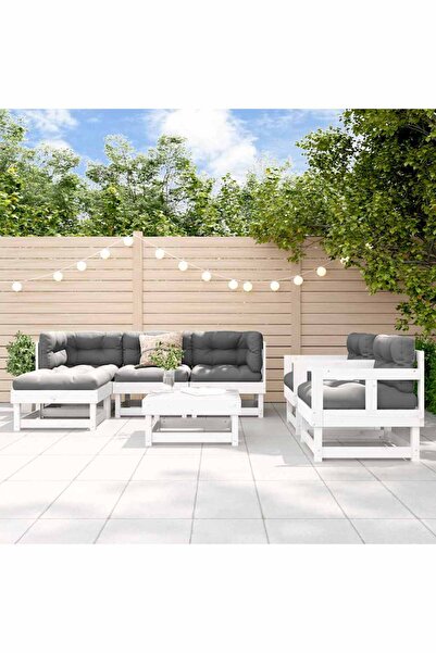 vidaxl Set mobilier de gradina cu perne, 7 piese, alb, lemn masiv