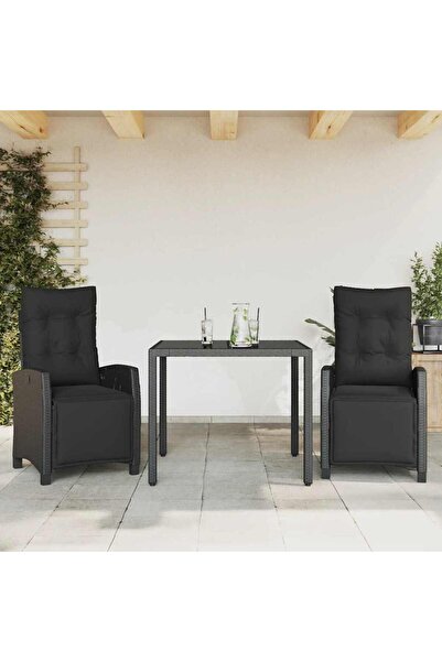 vidaxl Garden furniture set with cushions, 3 pieces, black, polyrattan