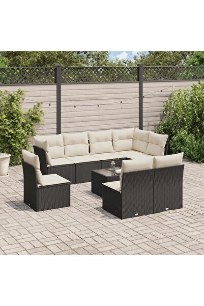vidaxl Garden furniture set with cushions, 9 pieces, black, polyrattan