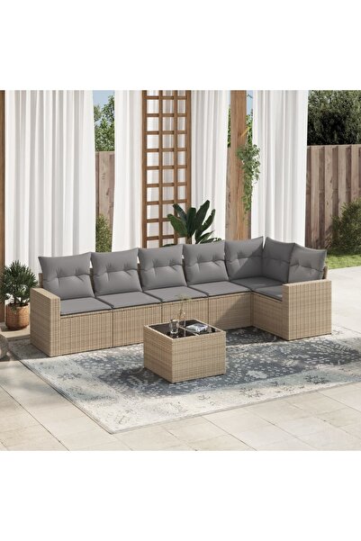 vidaxl Set canapele de gradina, 7 piese, cu perne, bej, poliratan