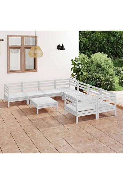 vidaxl Set mobilier de gradina, 9 piese, alb, lemn masiv de pin