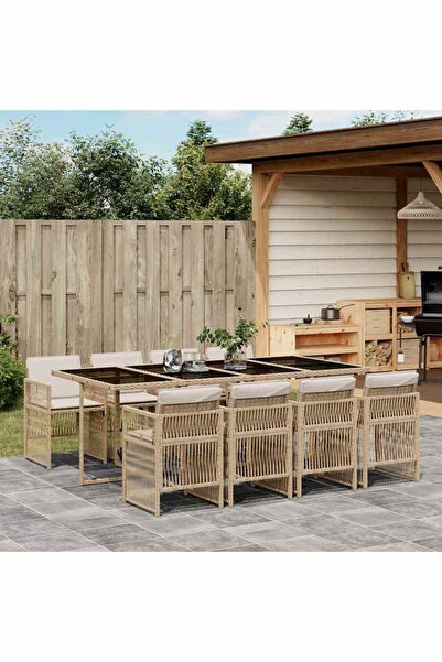 vidaxl 9-piece garden table set with cushions, beige, polyrattan