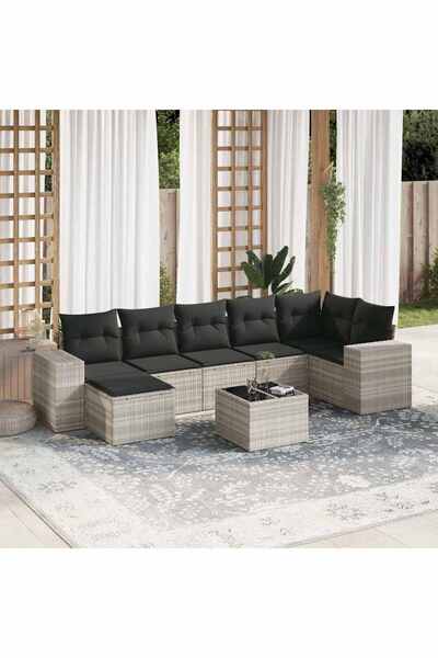 vidaxl Garden furniture set with cushions, 8 pieces, light grey polyrattan