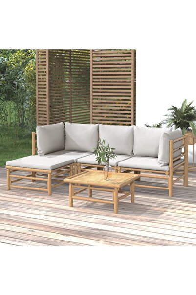 vidaxl Set mobilier de gradina cu perne gri deschis, 5 piese, bambus