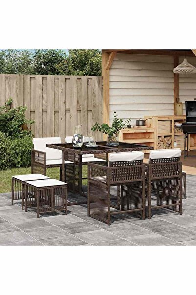 vidaxl Set mobilier de gradina cu perne, 9 piese, maro, poliratan