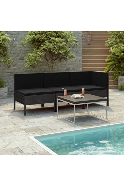 vidaxl Set mobilier de gradina cu perne, 3 piese, negru, poliratan