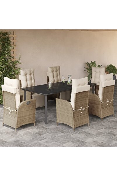 vidaxl 7-piece garden table set with cushions, beige, polyrattan