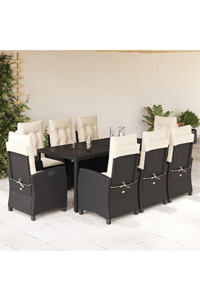 vidaxl Garden furniture set with cushions, 9 pieces, black, polyrattan