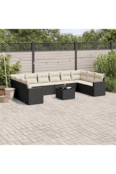vidaxl Garden sofa set with cushions, 11 pieces, black, polyrattan