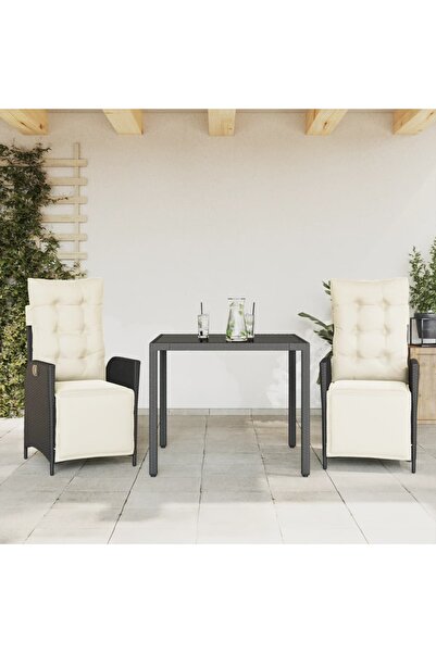 vidaxl Garden furniture set with cushions, 3 pieces, black, polyrattan