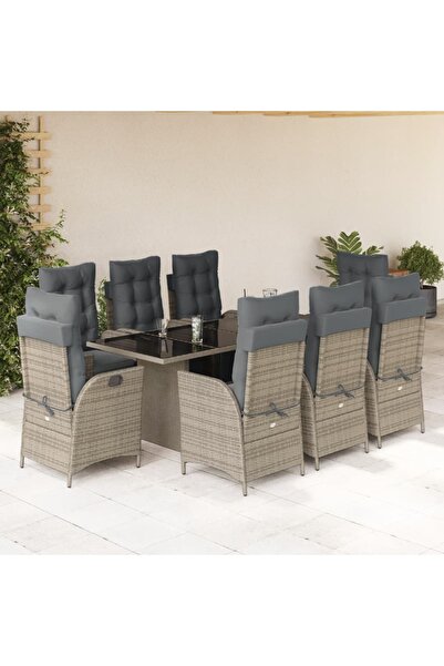 vidaxl Garden furniture set with cushions, 9 pieces, grey, polyrattan