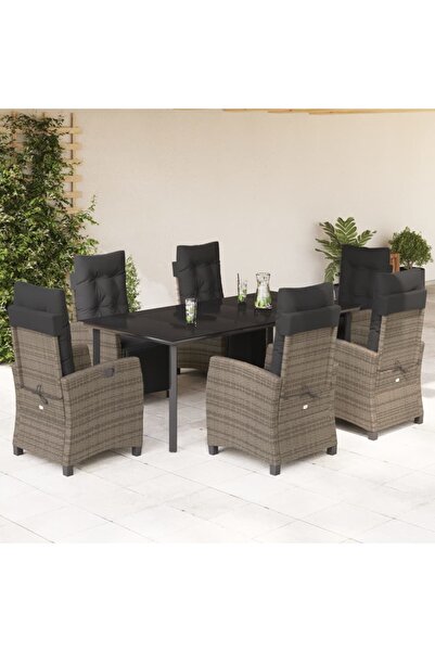 vidaxl Garden furniture set with cushions, 7 pieces, grey, polyrattan