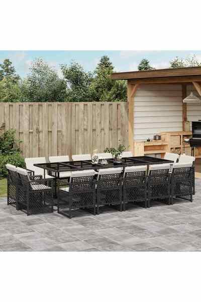 vidaxl Garden furniture set with cushions, 15 pieces, black, polyrattan