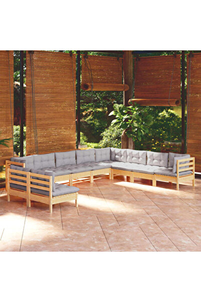 vidaxl Set mobilier gradina cu perne, 10 piese, gri, lemn masiv pin