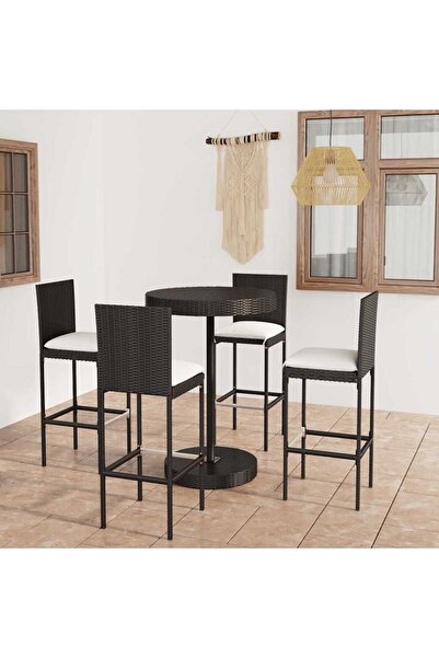 vidaxl Set mobilier bar de gradina cu perne, 5 piese, negru, poliratan