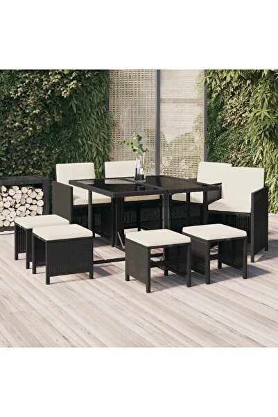 vidaxl Set mobilier de gradina cu perne, 9 piese, negru, poliratan