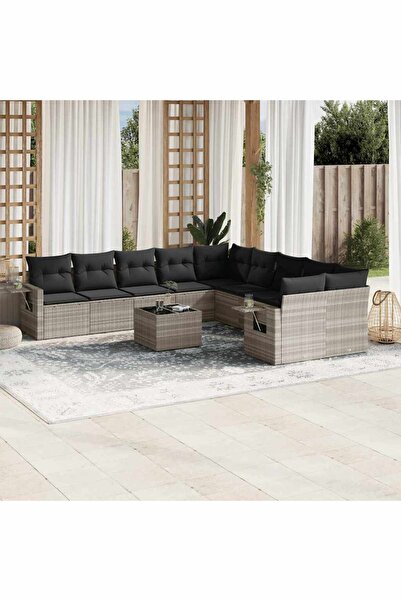 vidaxl Garden sofa set with cushions, 11 pieces, grey, polyrattan