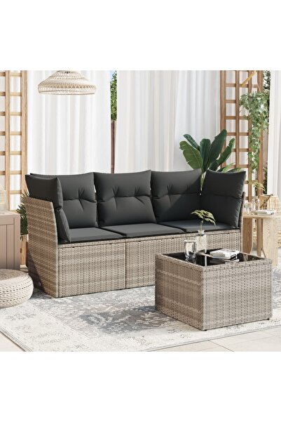 vidaxl Garden sofa set with cushions, 4 pieces, light grey polyrattan