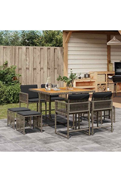 vidaxl Set mobilier gradina cu perne, 9 piese, gri, poliratan