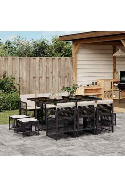 vidaxl Set mobilier de exterior cu perne, 11 piese, negru, poliratan
