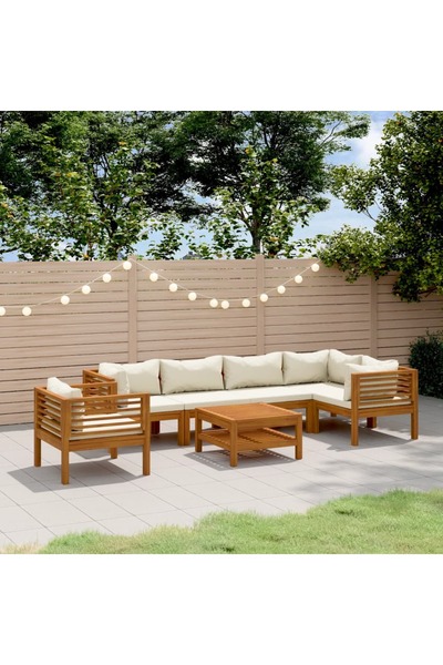 vidaxl Set mobilier gradina cu perne crem, 7 piese, lemn masiv acacia