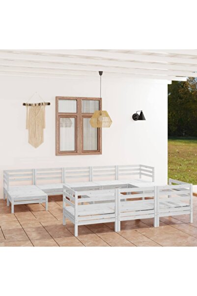 vidaxl Set mobilier de gradina, 11 piese, alb, lemn masiv de pin