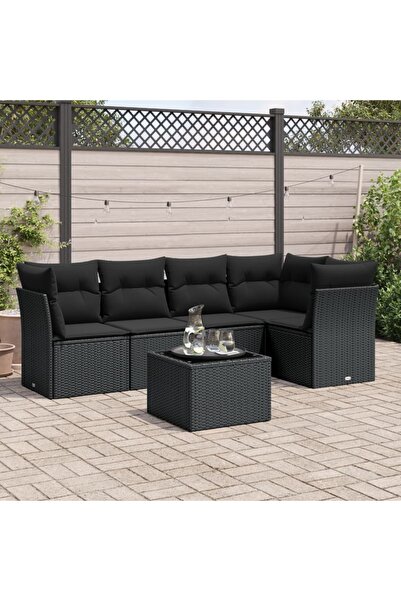 vidaxl Garden furniture set with cushions, 6 pieces, black, polyrattan