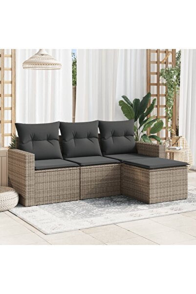 vidaxl Garden sofa set with cushions, 4 pieces, grey, polyrattan