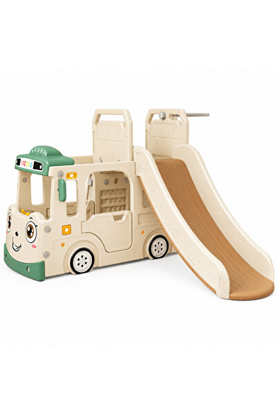 Nichiduta Garden Spatiu de joaca 3 in 1 Happy Bus White cu tobogan, cos de ba...