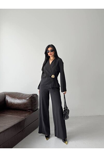 ZF BUTİK Women's Double-Breasted Two-Piece Suit with Black Gold Buckle