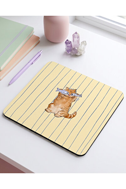 matizya Balıklı Turuncu Kedi Desenli Kare Mouse Pad Sarı Çizgili Aesthetic Ka...