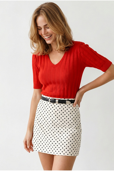 Olalook Women's Red V-Neck Thick Ribbed Knitwear Blouse Blz-19003208